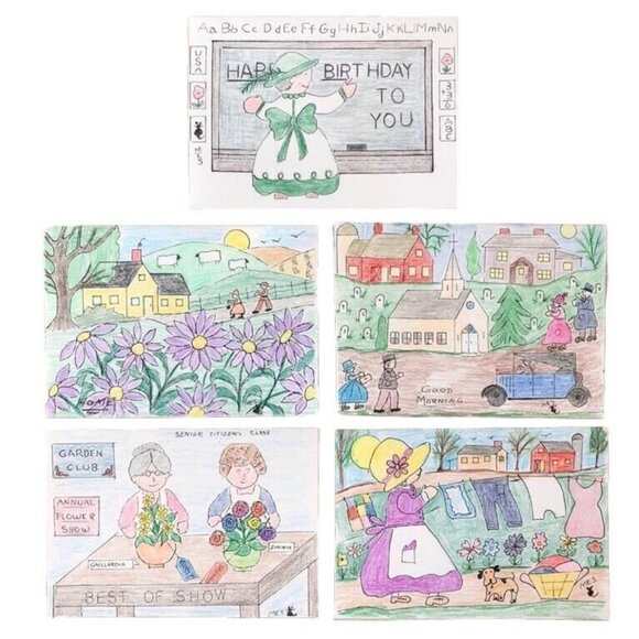 5 PA Folk Art Blank Note Cards Hand Made Country Evelopes Vtg Farm Wash Birthday - Picture 1 of 10